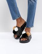 Sixtyseven Belle Black Raffia Pom Slide Sandals - Black