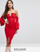 Vesper Bardot Plunge Front Midi Dress With Sleeve Detail - Red