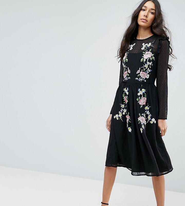 Asos Tall Premium Pretty Embroidered Midi Dress On Dobby - Black