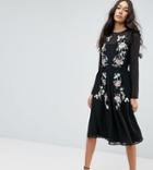 Asos Tall Premium Pretty Embroidered Midi Dress On Dobby - Black