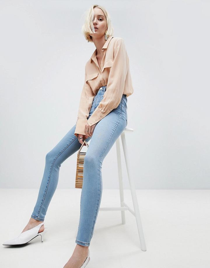 Asos Design 'sculpt Me' High Rise Premium Jeans In Antoinette Mid Wash Blue - Blue