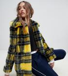 Jakke Mid Length Faux Fur Coat In Check - Yellow