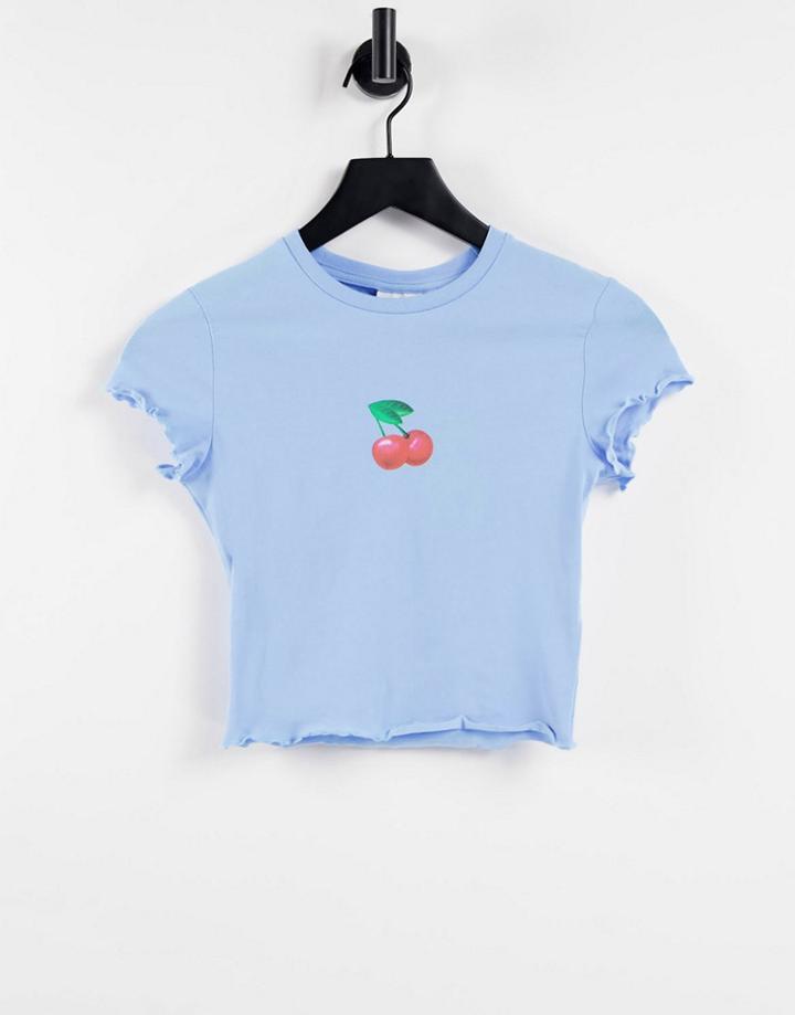 Weekday Viola Organic Blend Cotton Cherry Crop T-shirt With Lettuce Edge In Light Blue-blues