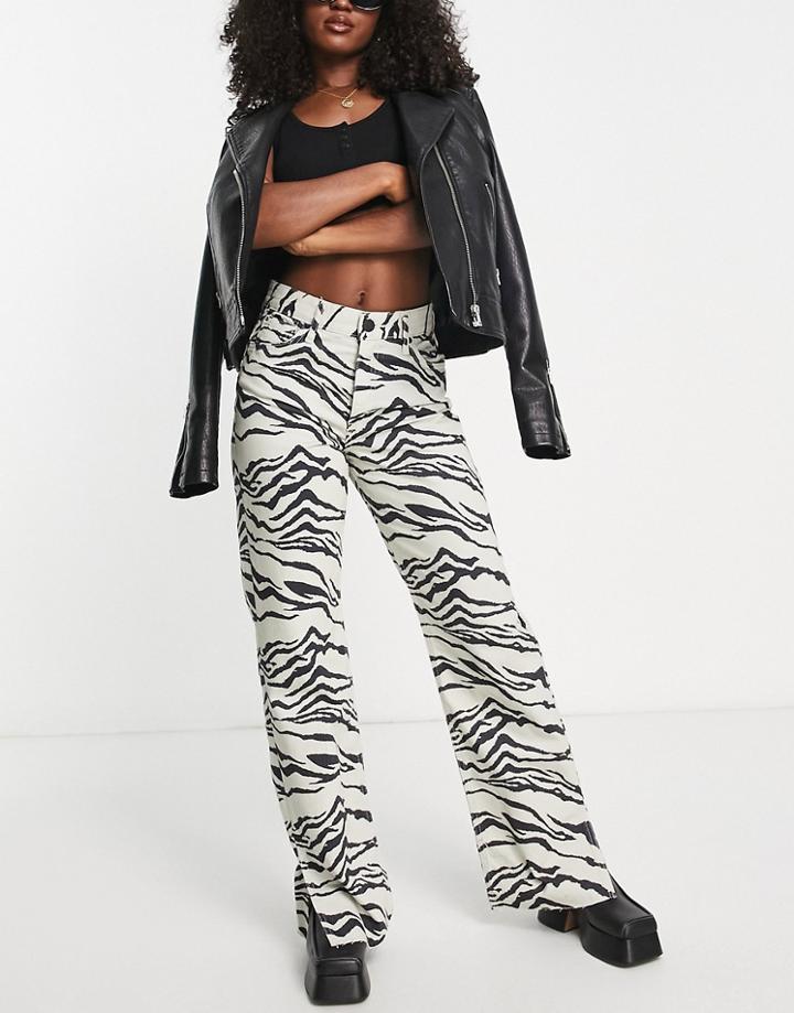 River Island High Rise Dad Jean With Split Hem In White Zebra Print
