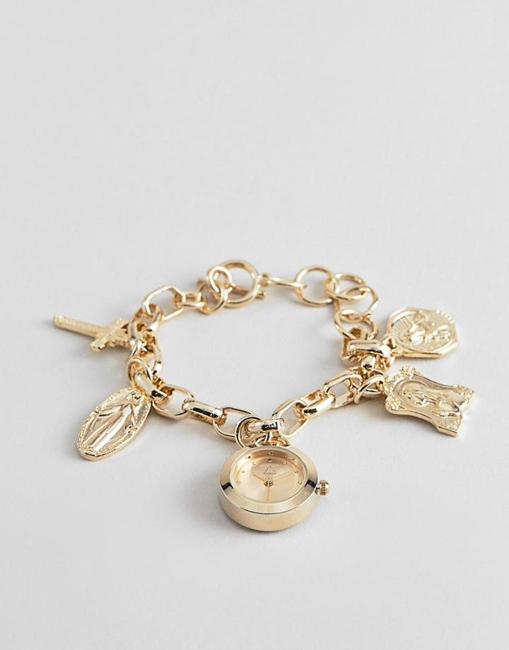 Asos Design Watch With Vintage Style Religious Icon Charms And Clock Pendant In Gold - Gold