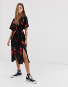 Influence Wrap Floral Midi Dress With Split In Black - Black