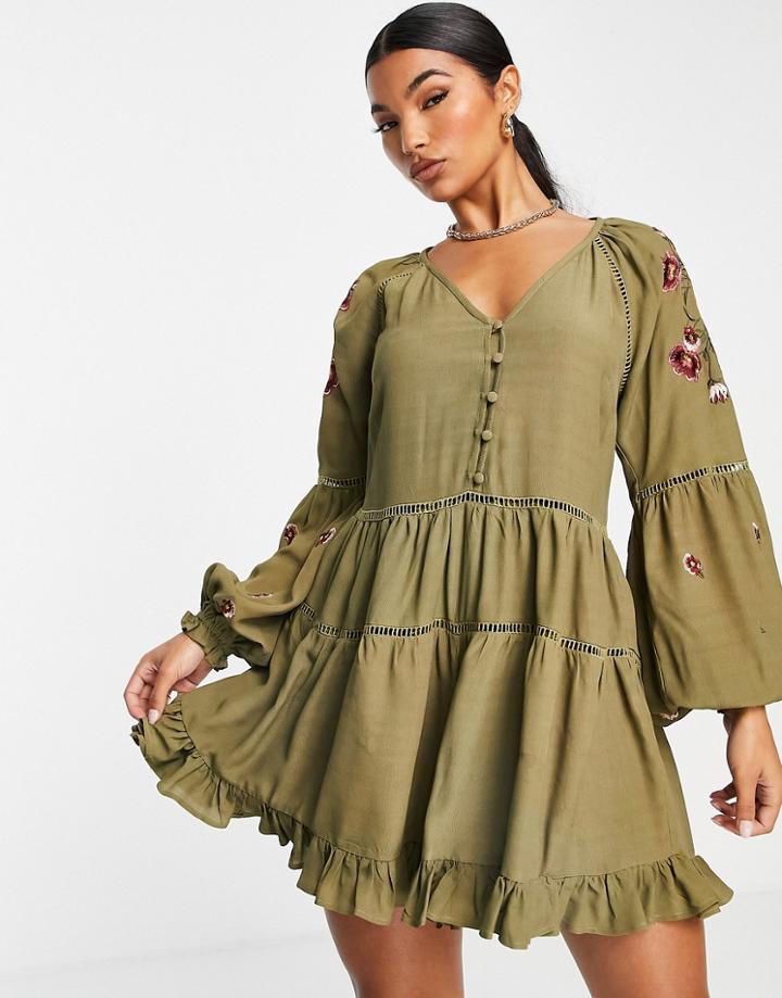 Asos Design Lace Trim And Embroidered Romper In Khaki-multi