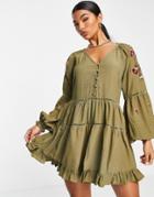 Asos Design Lace Trim And Embroidered Romper In Khaki-multi