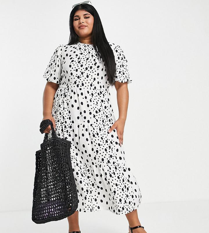 Influence Plus Smock Midi Dress In White Polka Dot