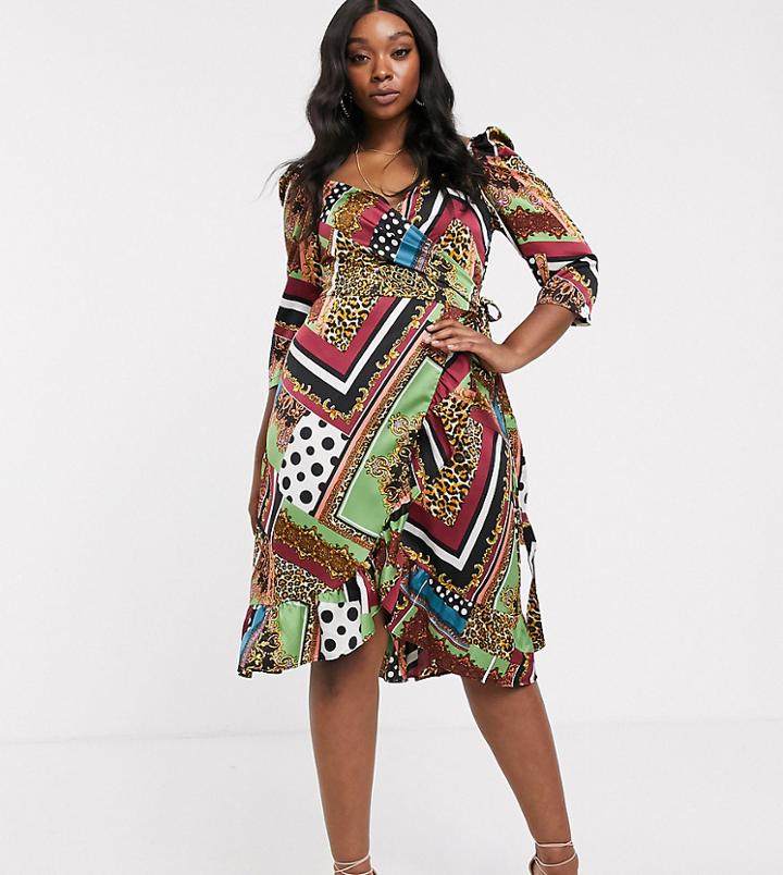 Outrageous Fortune Plus Wrap Front Frill Midi Dress In Scarf Print-multi