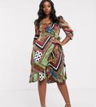 Outrageous Fortune Plus Wrap Front Frill Midi Dress In Scarf Print-multi