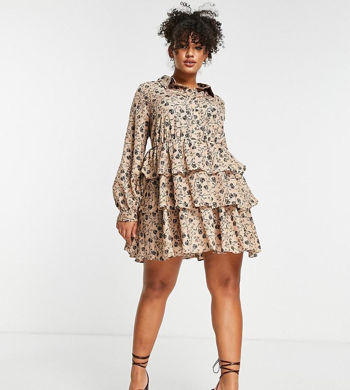 In The Style Plus X Billie Faiers Tiered Mini Skater Dress With Volume Sleeves In Cream Floral-multi