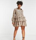 In The Style Plus X Billie Faiers Tiered Mini Skater Dress With Volume Sleeves In Cream Floral-multi