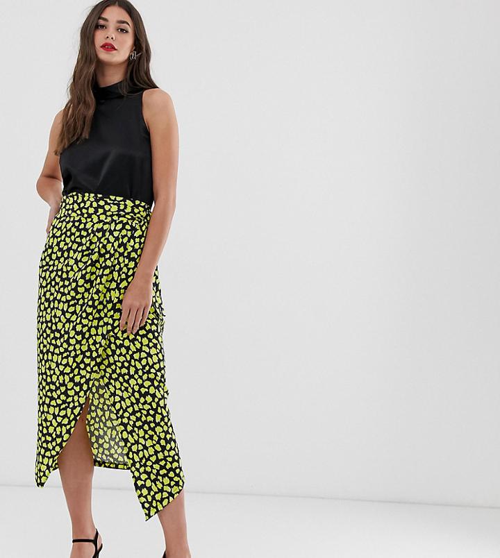 John Zack Tall Frill Midaxi Skirt With Thigh Split In Yellow Splodge Print