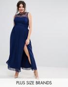 Little Mistress Plus Crochet Lace Bodice Midi Dress With Pleated Skirt - Navy