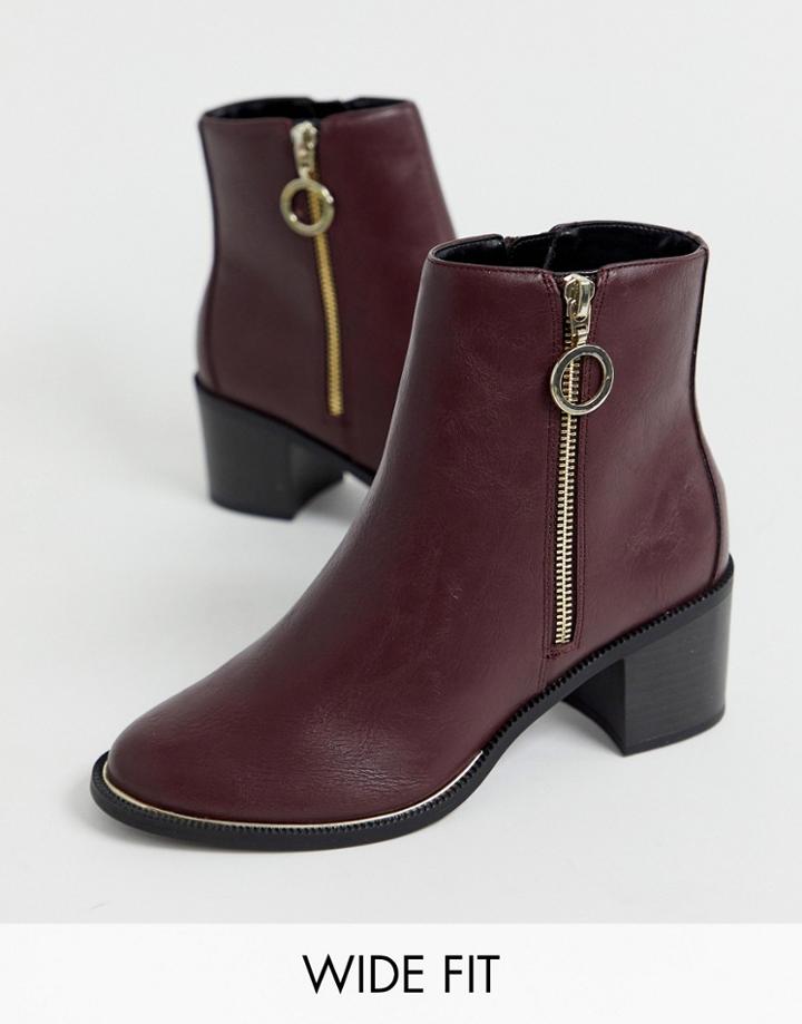 New Look Wide Fit Zip Block Heel Boot In Dark Red - Red