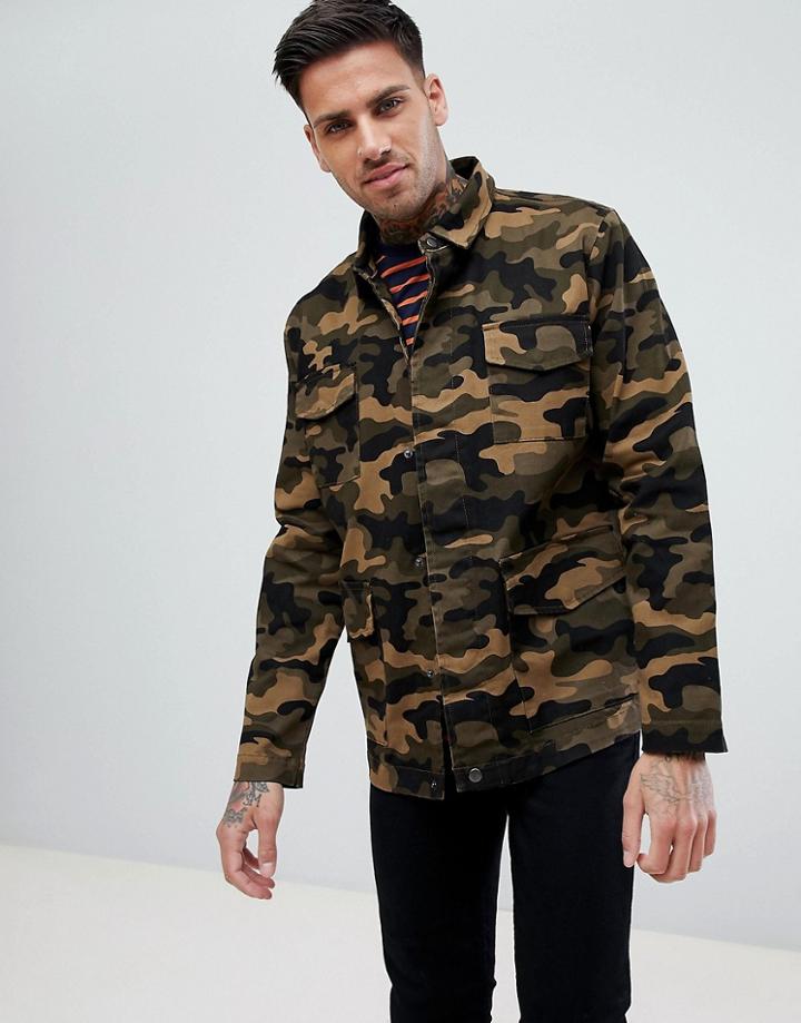 Boohooman Jacket In Khaki Camo - Green