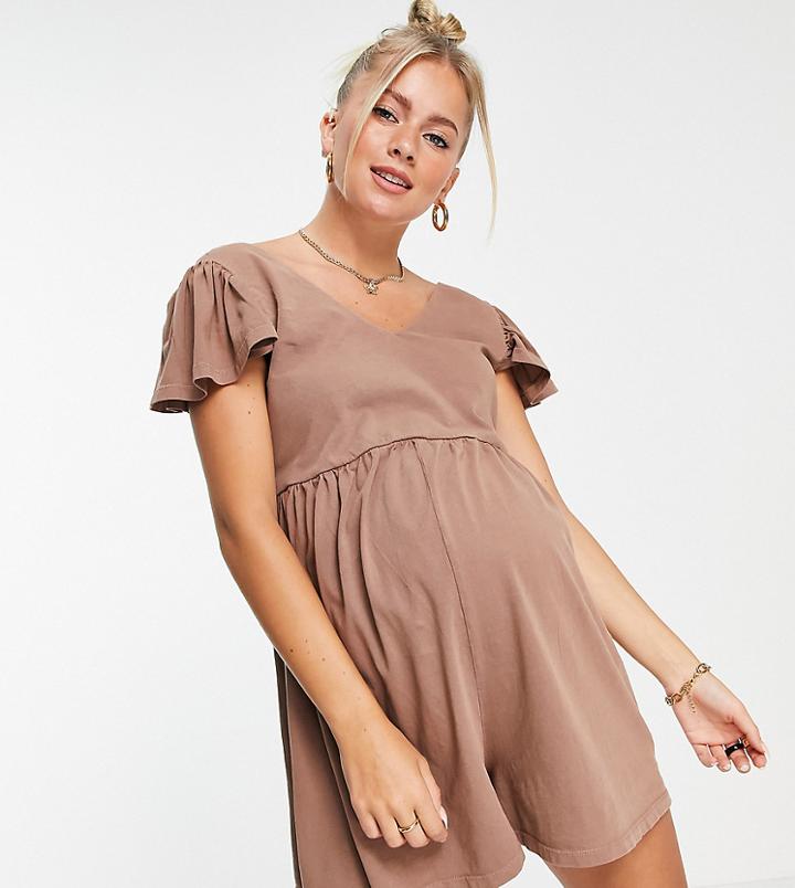 Asos Design Maternity Frill Sleeve Smock Romper In Rust-brown