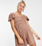 Asos Design Maternity Frill Sleeve Smock Romper In Rust-brown