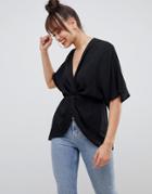 Asos Design Knot Front Top With Kimono Sleeve-black