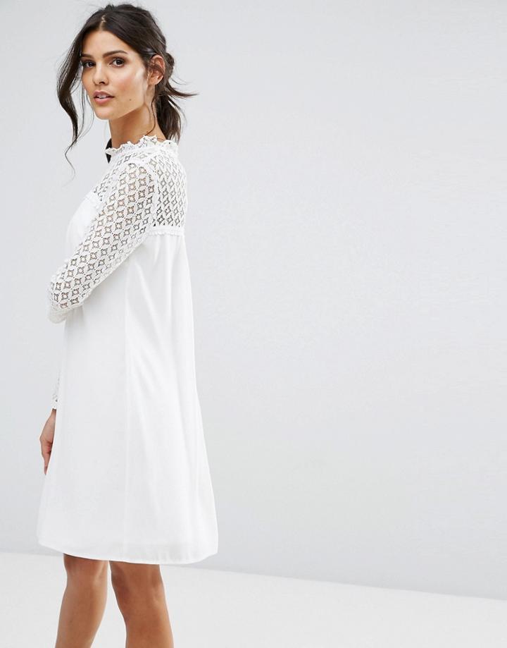 Elise Ryan High Neck Swing Dress With Lace Upper - White