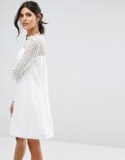 Elise Ryan High Neck Swing Dress With Lace Upper - White