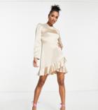 Flounce London Petite Long Sleeve Wrap Mini Dress In Mink-pink