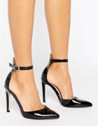 Little Mistress Pointed Court Heeled Shoes With Ankle Strap - Black
