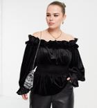 River Island Plus Velvet Ruffle Bardot Blouse With Shirred Waist In Black