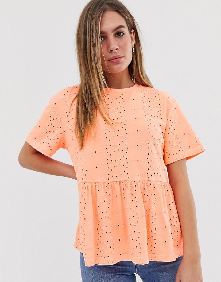 Asos Design Smock Top In Broidery In Washed Neon Orange - Orange