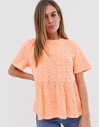 Asos Design Smock Top In Broidery In Washed Neon Orange - Orange