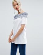 Asos T-shirt With Stripe Ruffle Off Shoulder - White