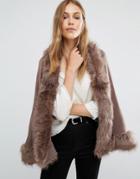 Qed London Cape With Faux Fur Trim - Gray
