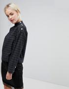 J.o.a Long Sleeve Top With Popper Neck Opening In Grid Check - Multi