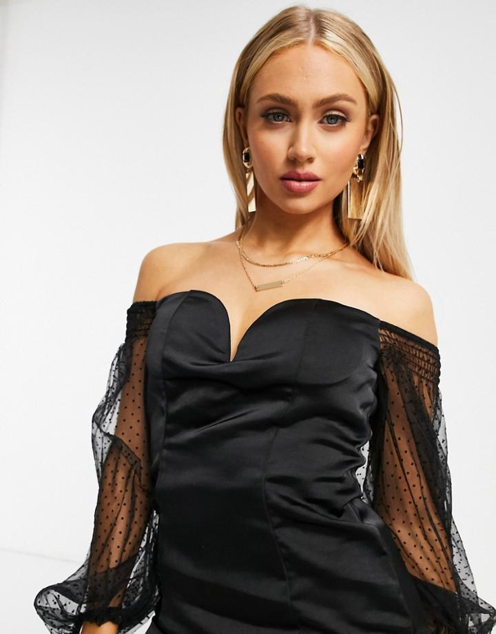 Rare London Plunge Organza Sleeve Satin Mini Dress In Black