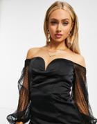 Rare London Plunge Organza Sleeve Satin Mini Dress In Black
