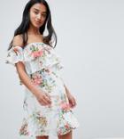 Parisian Petite Off Shoulder Tiered Dress In Floral Print - White
