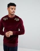 Asos Muscle Sweatshirt In Velour With Floral Embroidery - Red