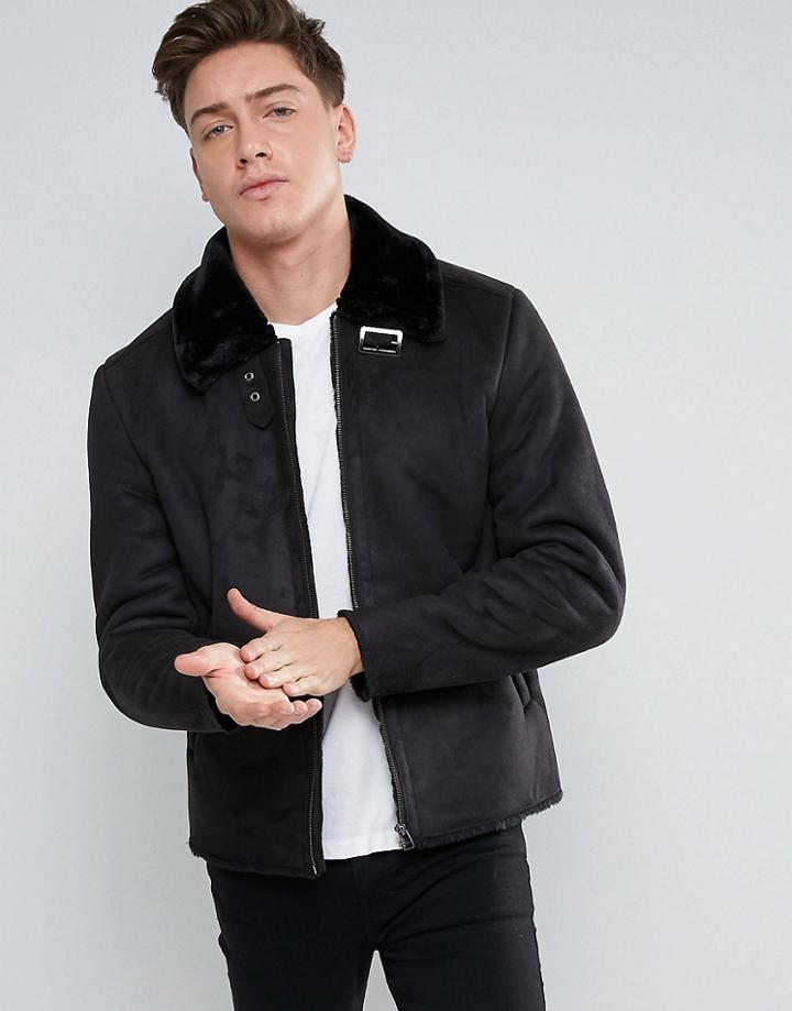 Jack & Jones Biker Jacket In Faux Suede - Black