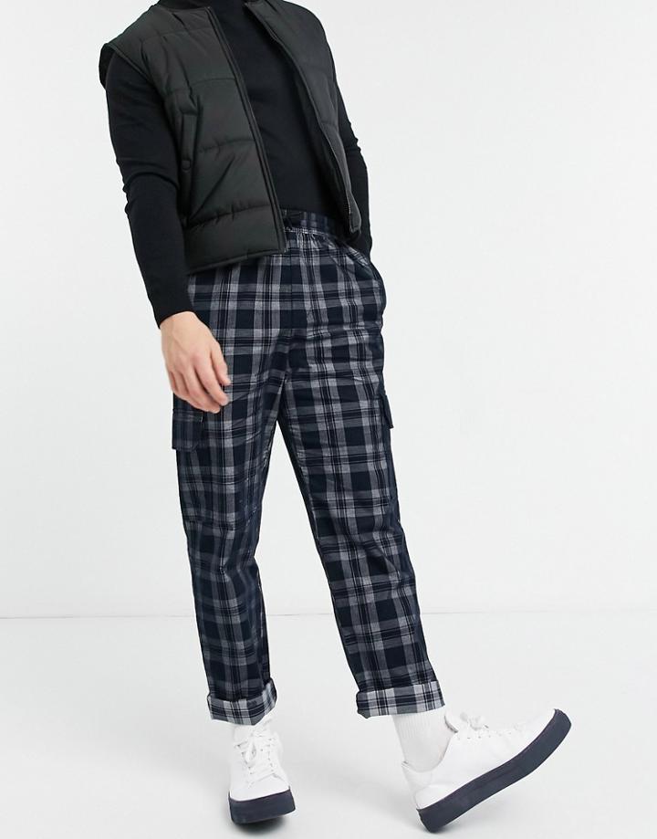 Asos Design Skater Fit Pants In Brushed Plaid With Cargo Pockets-black