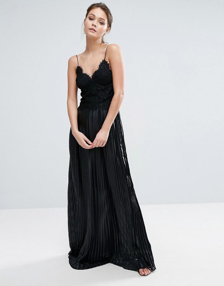 Dark Pink Lace Top Maxi Dress With Pleated Skirt - Black