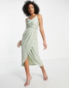 Little Mistress Bridesmaid Satin Wrap Dress In Sage Green