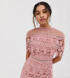 Chi Chi London Petite High Neck Lace Pencil Midi Dress In Rose Pink - Red