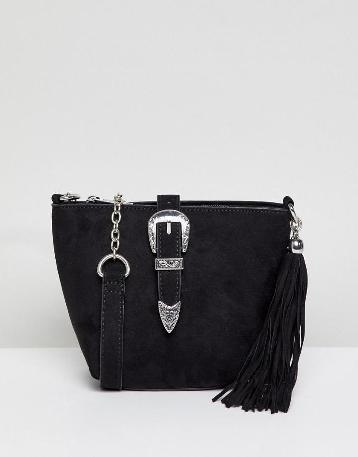 Miss Selfridge Tassel Detail Western Cross Body Bucket Bag - Black