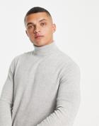 Only & Sons Lightweight Cotton Roll Neck Sweater In Light Gray Heather-grey