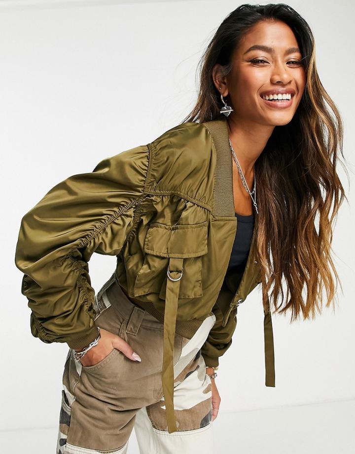 Bershka Satin Cargo Bomber Jacket In Khaki-green