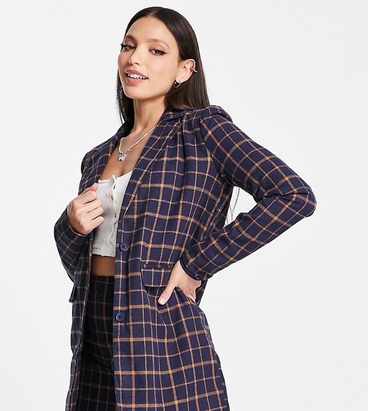 Heartbreak Tall Longline Boyfriend Blazer In Navy And Orange Plaid