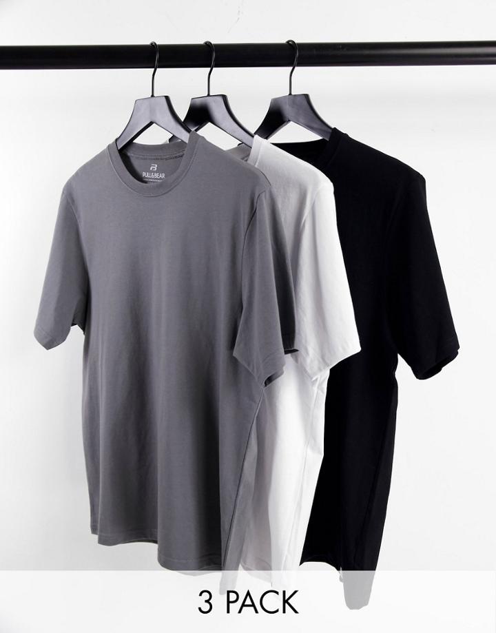 Pull & Bear 3 Pack T-shirt In White Black & Gray-multi