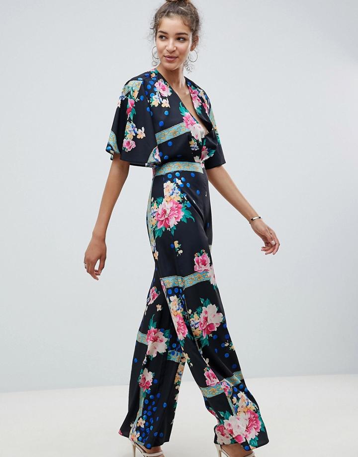 Asos Design Jumpsuit With Cape And Plunge Neck In Print - Multi