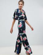 Asos Design Jumpsuit With Cape And Plunge Neck In Print - Multi
